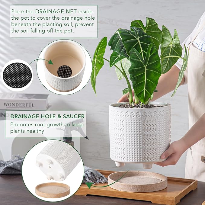 POITONRU Indoor-Outdoor Ceramic Plant Pots: 8 Inch Flower Pots with Drainage Hole & Saucer - Decorative Ceramic Pots for Plants Herbs Succulents - Home Garden Patio Lawn Use