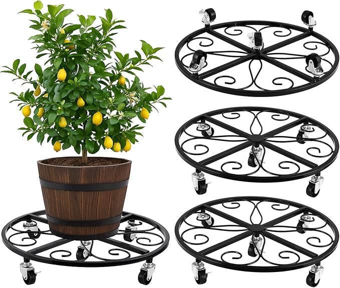 4 Pack Plant Caddy with Wheels 18 Inch Rolling Plant Stand for Large Plants Heavy Duty Plant Rollers Metal Plant Dolly Rustproof Planter Stand Wrought Iron Plant Stands Flower Cart Outdoor