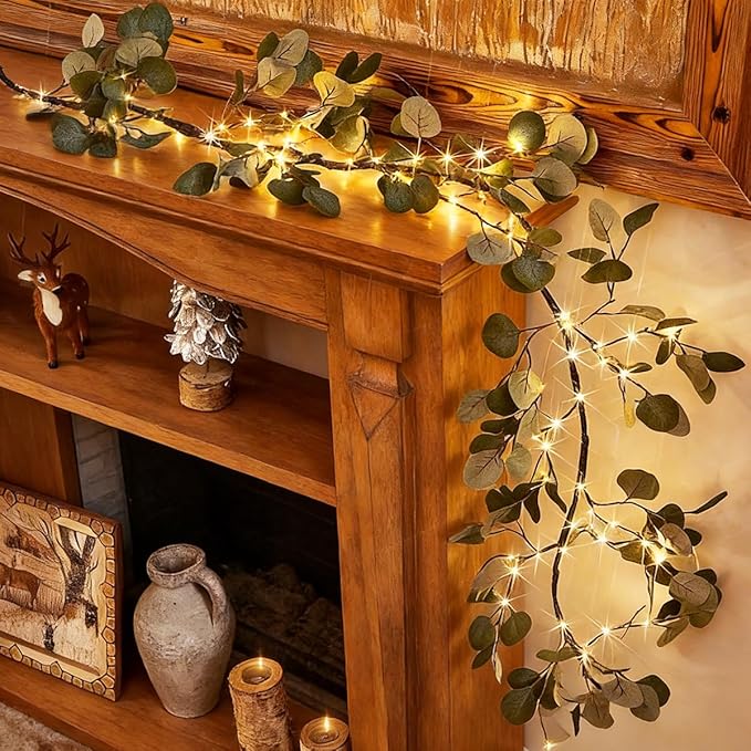 Birchlitland Decorative Garland Lights 6FT 96 LED Fairy Lights, Lighted Eucalyptus Twig Garlands with Timer Battery Operated for Bedroom Stairs Party and Holiday Decor Indoor Outdoor