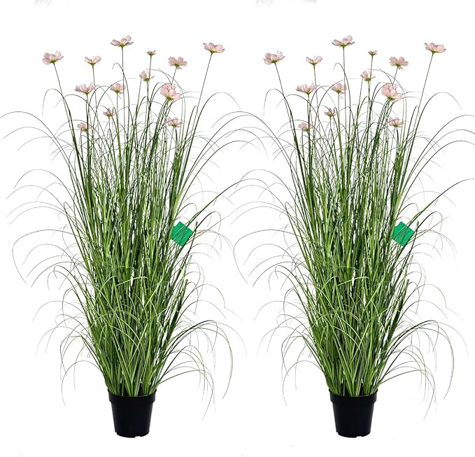 59 Inch Artificial Tall Grass with Pink Cosmos Flowers, Fake Floor Plants, Faux Grass Plants, Indoor and Outdoor Home Decoration(2pack, 5ft)