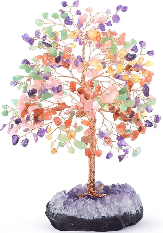 MASGEMES Chakra Tree of Life Natural Gemstone Crystal Tree,Healing Stones(406 Stone Count) with Amethyst Cluster,Fengshui Decor Bonsai Money Tree,Positive Energy Good Luck Gift Size 8.5"-9"