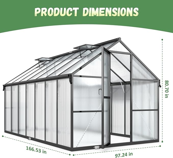 8x14FT Greenhouse for Outdoors, Galvanized Steel Frame Winter Green House w/ Adjustable Roof Vent, Lockable Door Handle &DrainageSystem, Walk-in Greenhouses for Outside Garden Backyard