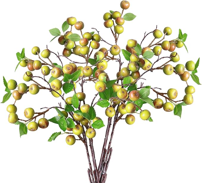 Forlaoers Realistic 21.6 Inch 8Pcs Green Berry Faux Stem Artificial Berries with Stem for Bedroom Home Living Room Decorations Christmas Vase Table Centerpieces Indoor Farmhouse Decor