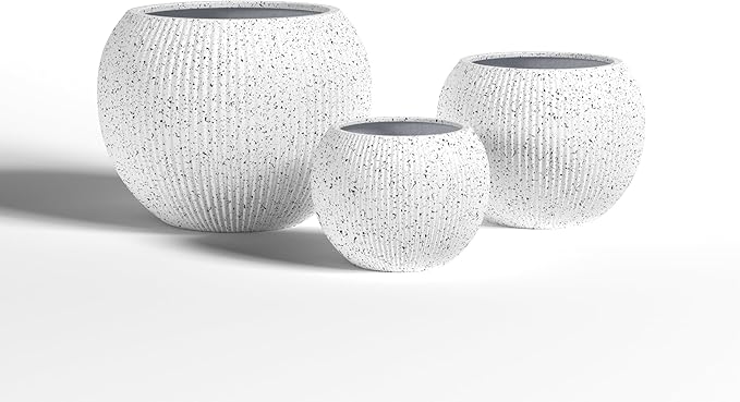 DTY Signature Mount Sherman 21.3''D x 16.5''H Modern Indoor Outdoor Fiberstone Sphere Planter, Durable Round Garden Pot, Weather Resistant, Drainage Hole & Rubber Plug (Ribbed White, Large)