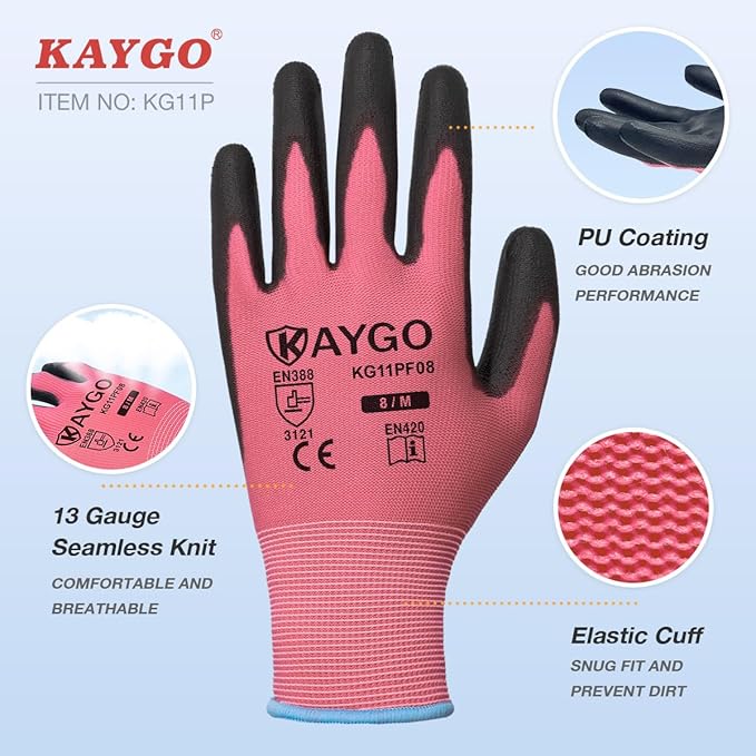 KAYGO Safety Work Gloves PU Coated-60 Pairs Seamless Knit Glove with Polyurethane Coated Smooth Grip on Palm & Fingers, for Men and Women, Ideal for General Duty Work, KG11PR (M,pink)