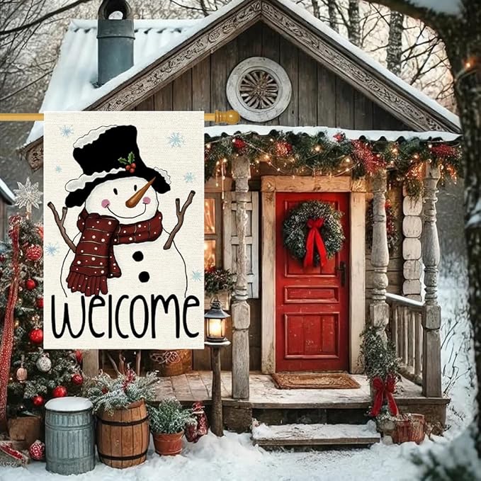 Snowman Snowflake Garden Flag 24x40 Inch Small Double Sided Burlap Vertical,Xmas Winter Welcome Holiday Christmas Decorations Yard Lawn Outdoor Decor Banner (RMQ-67D, 28"X40")