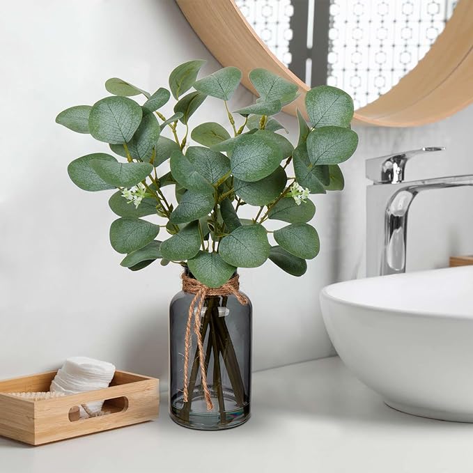 Briful Artificial Eucalyptus Stems in Black Glass Vase with Faux Water, 14" Fake Plant Eucalyptus Leaves for Home Office Farmhouse Wedding Centerpiece Décor, 2 Packs