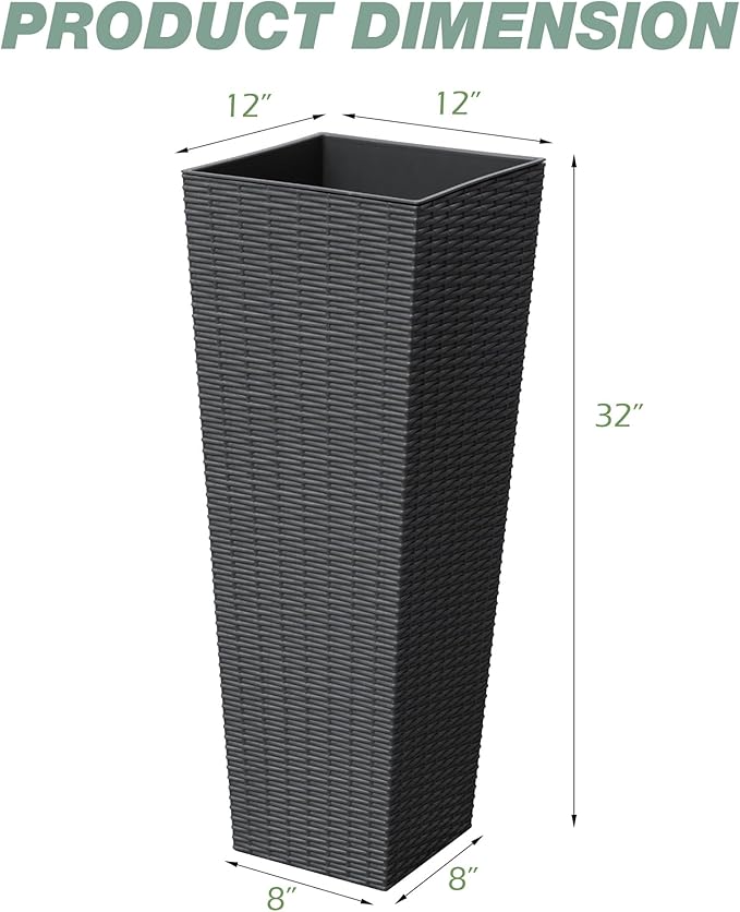Flamaker Resin Rattan-Design Planters Set of 2, 32'' Tall Flowerpot with Additional Pot for Soil, Durable Weather-Resistant Planter with Drainage Holes for Garden, Patio, Backyard (Black, Large)