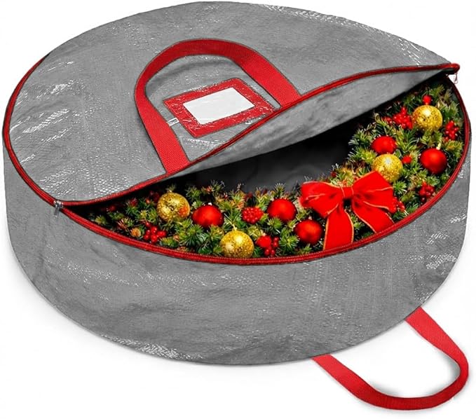 ZOBER Christmas Wreath Storage Container 24 Inch - Wreath Bag for Artificial Wreaths Box - Dual Zippered Wreaths Storage Bag with Strong Durable Handles - Gray