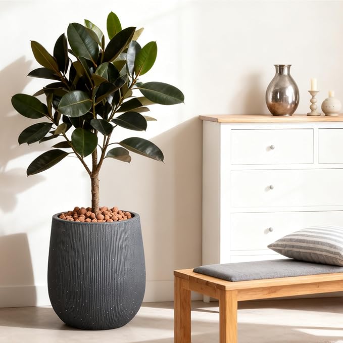 Worth Garden Dark Gray Round Planter, 9" Dia x 13" H Lightweight Magnesium Oxide Cement Plant Pot with a Striped Textured Finish, Raised Pattern Concrete Look, Drainage Hole, Indoor & Outdoor Use