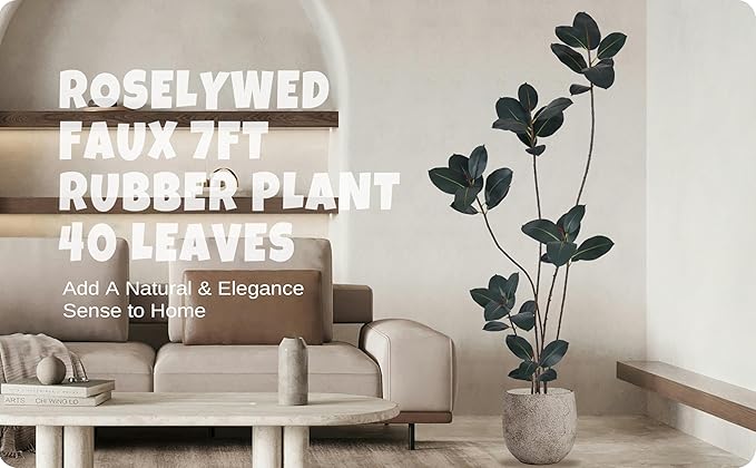 Artificial Rubber Tree 7FT with 40 Glossy Leaves & 6 Heads & Black Pot Cover with Coconut Fiber Realistic Tall Large Faux Tropical Ficus Elastica Plant 84 Inch for Indoor Home Modern Decor
