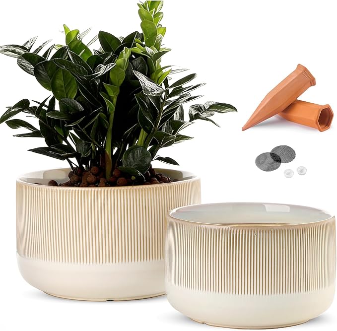 Ceramic Planters - 10+12 Inch Large Pots for Indoor & Outdoor Plants, Modern Flower Pots with Drainage Holes and Self Watering Devices, House Beige Big Plant Pot, Set of 2