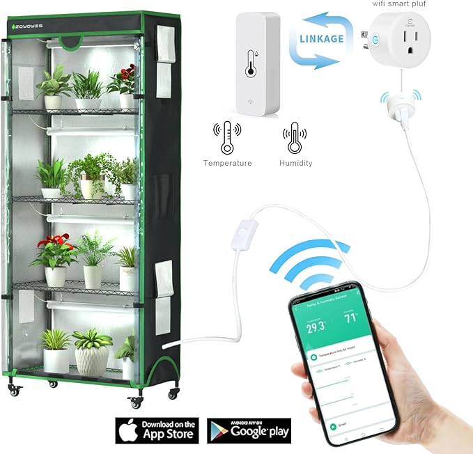 Indoor Greenhouse with Grow Light, 35.8" W x 17.8" D x 71.8" H, 5-Tier Plant Shelf with 3-Color T8 Growth Lights, Plant Stand with Smart Timing Plug and thermohygrometer