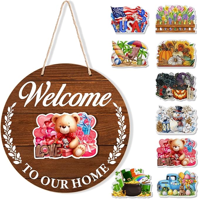 Interchangeable Seasonal Welcome Sign Valentine's Day Door Decoration, Rustic Round Wood Wreath Front Porch Decor, Welcome to Our Home Sign for Spring Summer Fall Winter All Seasons Holiday, Brown