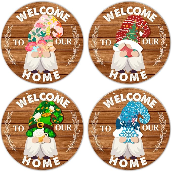 Interchangeable Gnome Welcome Sign Valentine's Day Door Wreath for Home, Gnomes Front Porch Decor Seasonal Wall Hanging Wood Wreath for Spring Summer Fall Winter All Seasons Holiday, Caramel