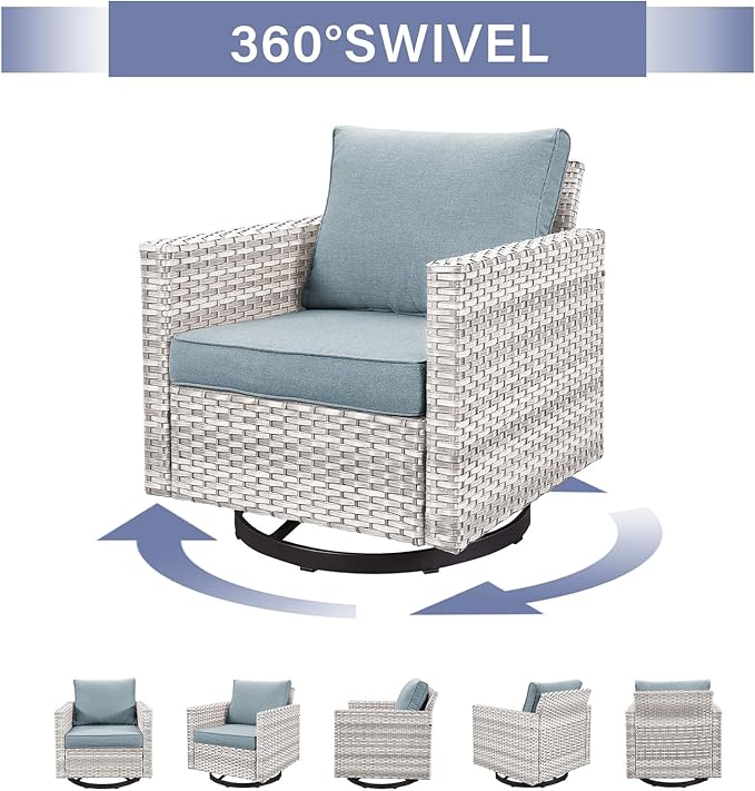 Rilyson Wicker Outdoor Patio Furniture Set - 5 Piece Patio Conversation Set with 2 Swivel Rocker Chairs,2 Rattan Ottoman and 1 Couch for Outside Porch Deck Backyard Garden(Light Grey/Sky Blue)