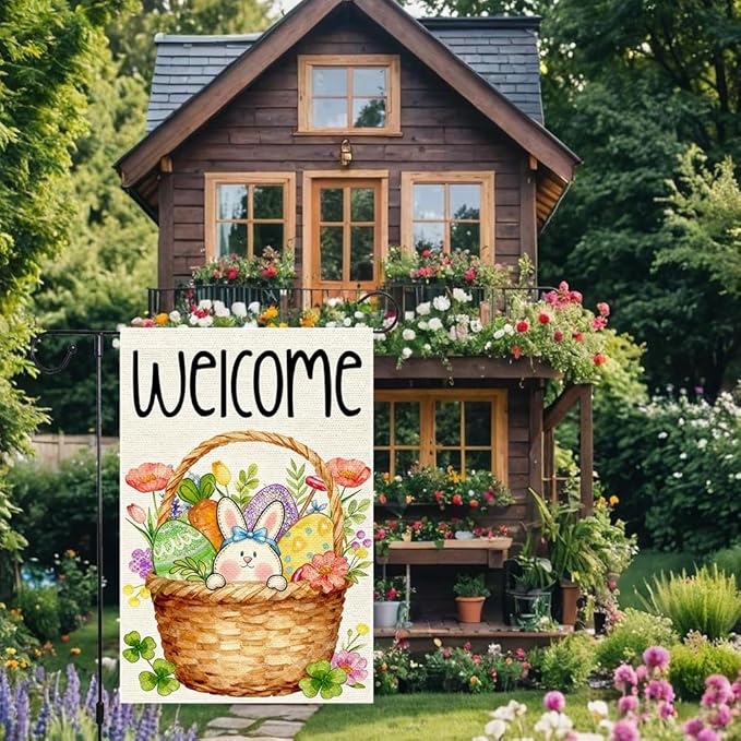 Welcome Spring Garden Flag Easter Bunny with Eggs Garden Flags 12x18 Inch Double Sided Burlap and Flowers Outdoor Decoration