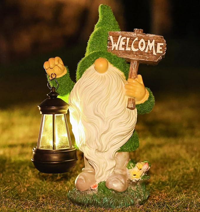 Garden Outdoor Statues, Solar Gnome Statues,Gnome Decorations with Solar Outdoor Lights for Garden Decor, Sculptures & Statues for Front Porch Patio Lawn, Gifts for Mom, 13"