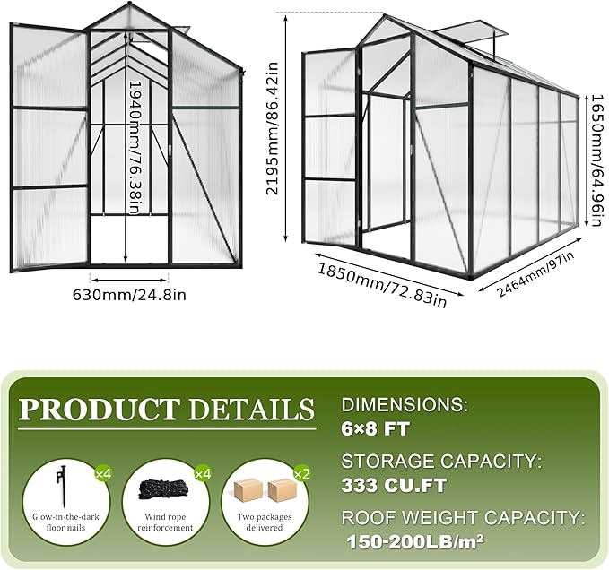 7.2FT High 6.1*8.1FT Greenhouse for Outdoors, Polycarbonate Greenhouse with Stronger Wind Protection and Roof Vent,Walk-in Large Aluminum Sunroom Winter Proof,Black