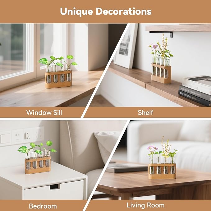 Giunn Plant Propagation Station with 9-Speed Adjustable LED Lights, Wooden Stand, 4 Glass Test Tubes for Hydroponic Plants, Unique Gift for Plant Lovers