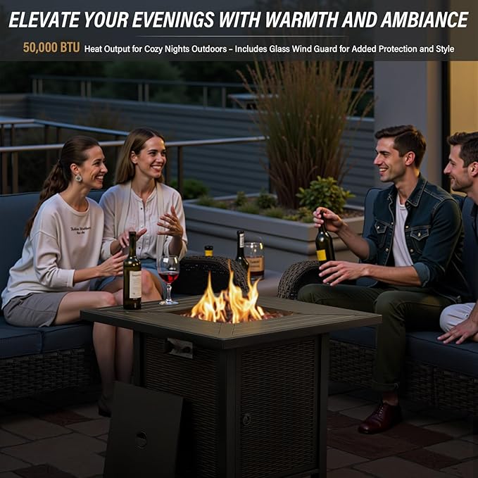 Belord 5 Piece Patio Furniture Set with 50000 BTU Propane Fire Pit Table, All-Weather Patio Rocking Chairs, Loveseat Glider and Side Table for Outdoor Conversation Deck Backyard Poolside Blue