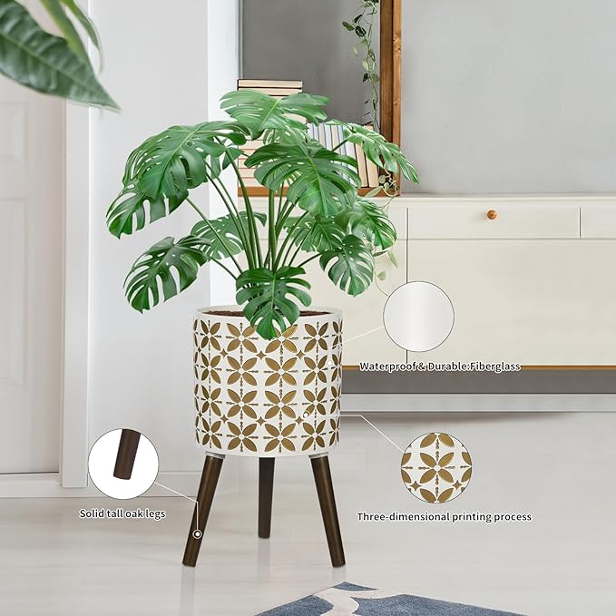 nacltlo12 Inch Planter with Stand, Plant Stand Indoor, Plant pots, Modern Mid-Century,Large Flower Planter Pot with Drainage Holes for Outdoor,White and xGold