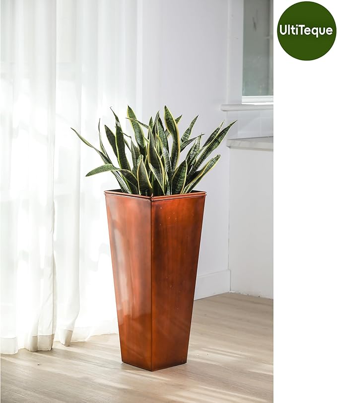 UltiTeque 28in Tall Metal Copper Square Planter Galvanized Steel Metal Planters for Indoor/Patio Deck Garden Entrance Planter