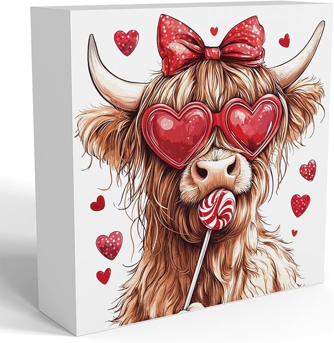 Valentines Day Decorations, Valentines Day Gifts for Her Him, Gift for Boyfriend Girlfriend, Vintage Heart Bow Highland Cow Anniversary Wooden Box Sign Husband Wife Home Office Bedroom Desk Decor