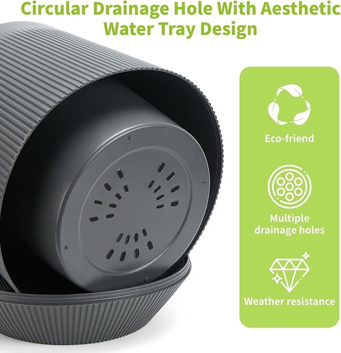 Yaghpy Plant Pots，Set of 2 Plastic Large Pots for Indoor Plants,Flower Pots Outdoor Planters with Drainage Hole and Seamless Saucer,(Gray 12Inches)