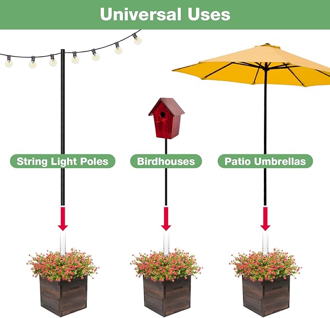 Large Decorative Wooden Planter w/ Universal Pole Support for String Light Poles, Umbrellas, Bird Feeders. Solid Wood Outdoor Garden Patio Box For Plants(Does not include Pole), 14"x14"x14", Brown