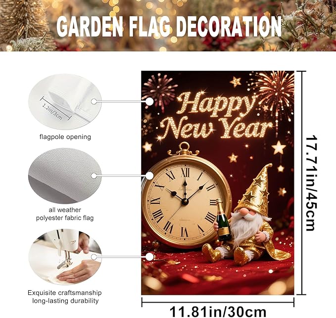 Happy New Year Garden Flag Gold Gnome Banner 12x18 Inch Double Sided Flag Outdoor Yard Decoration with Clock Image for Home Lawn Porch House Seasonal Holiday Garden Flags Outdoor Decor
