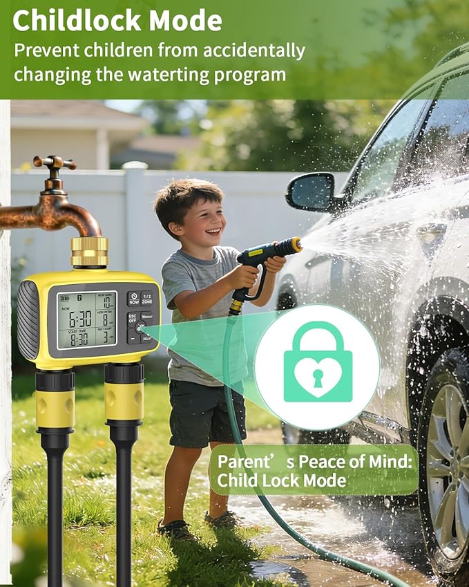 Smart Sprinkler Timer, 2-Zone Programmable Water Hose Timer with Rain Delay & Manual Mode, Outdoor Irrigation System for Garden, Lawn, Yard, Patio Drip Watering (Brass)