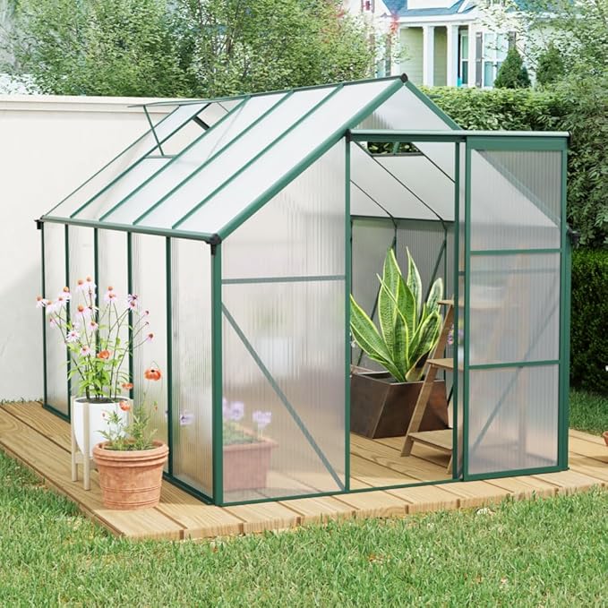 6X10FT Polycarbonate Greenhouse Raised Base and Anchor Aluminum Heavy Duty Walk-in Greenhouses for Outdoor Backyard in All Season Green