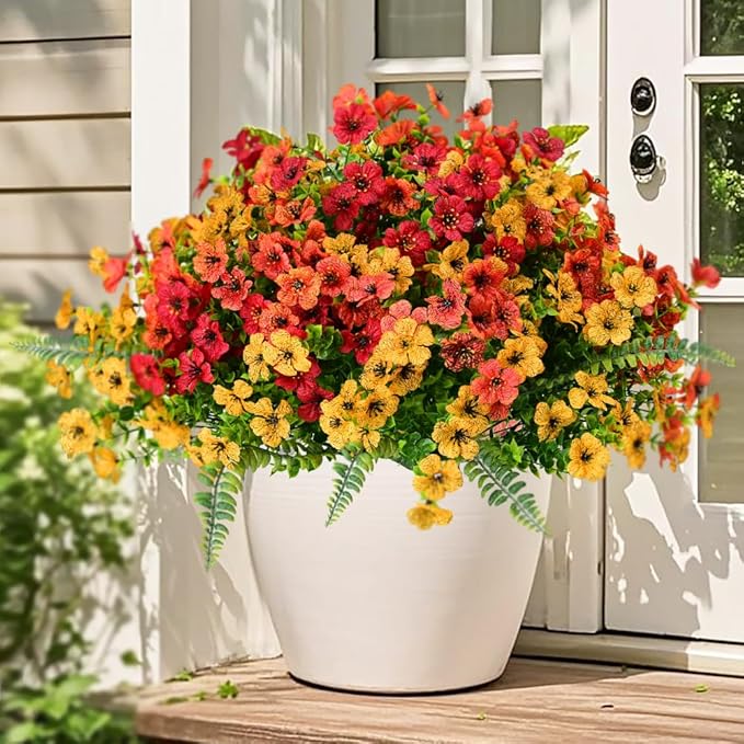 Pinenoya Artificial Fake Flowers Plants for Outdoor,18 Bundles Faux Plants Outside No Fade Plastic UV Resistant for Front Door Porch Patio Balcony Garden Yard Decorations