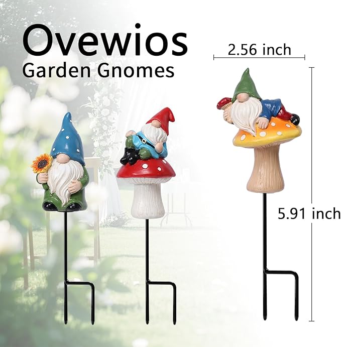 Garden Gnome Statue, Resin Miniature Gnome Set of 3PCS, Figurine with Garden Stakes for Lawn Patio Yard Outdoor Home Decor
