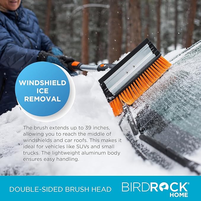 39" Extendable Snow Brush & Ice Scraper with Glove | 11" Wide Squeegee & Bristle Head | Lightweight Aluminum Body with Ergonomic Grip | No Scratch Winter Cleaning Tool for Cars & SUVs