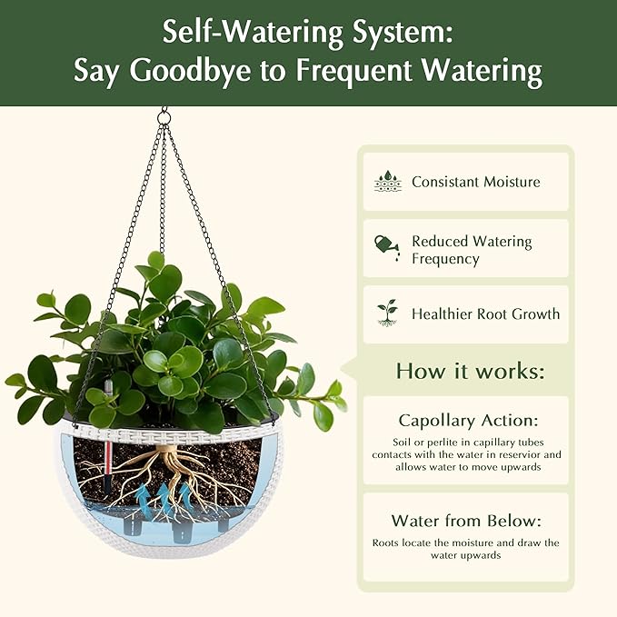 Vigo huseeo 13.5 inch 2Pack Large Hanging Planters for Outdoor/Indoor Plants, Self Watering Hanging Pot with Water Level Indicato, Drainage Holes and Chain for Garden Porch, White