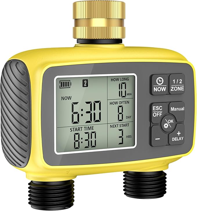 Smart Sprinkler Timer, 2-Zone Programmable Water Hose Timer with Rain Delay & Manual Mode, Outdoor Irrigation System for Garden, Lawn, Yard, Patio Drip Watering (Brass)