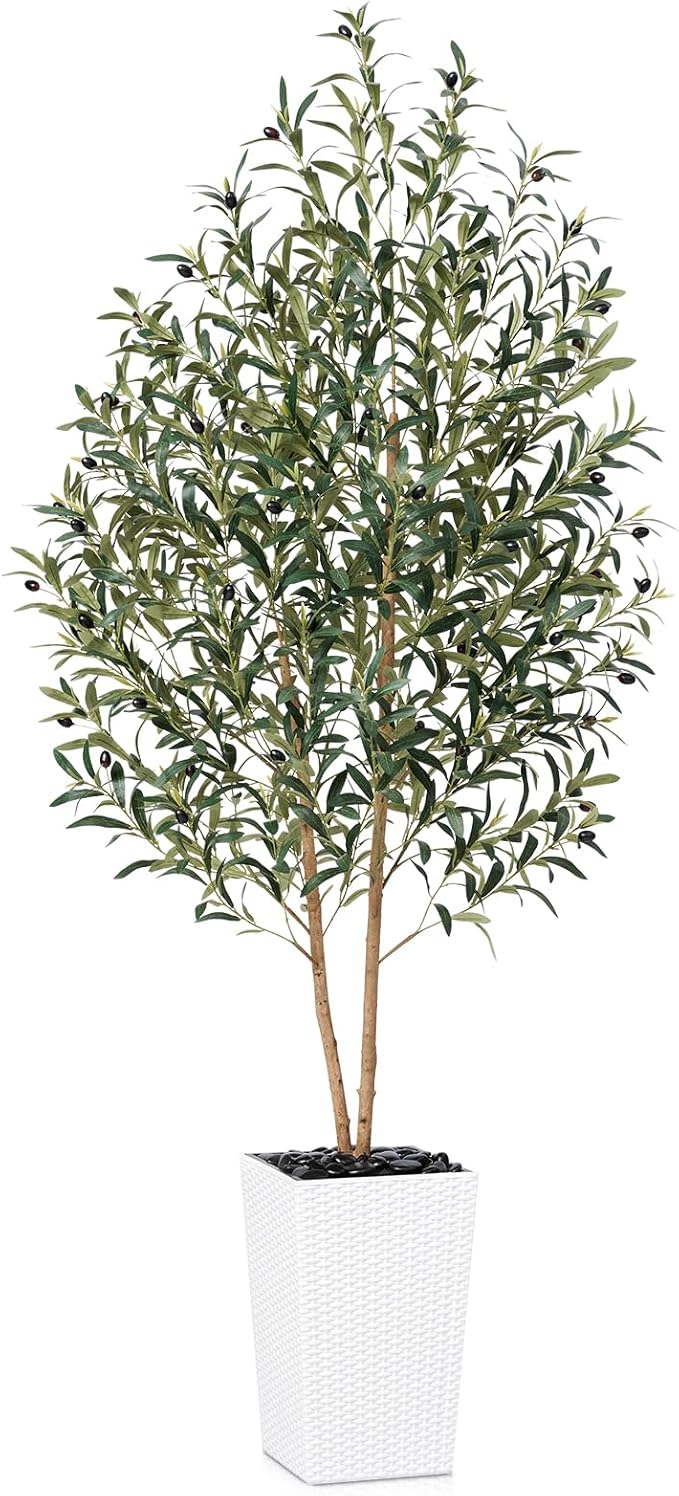 OAKRED Artificial Olive Tree 6FT Faux Olive Tree - Adjustable Branches UV Resistant with White Taper Planter and Pebbles - Faux Plants Indoor for Living Room, Office Decor and Bedroom