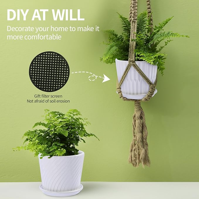sietpoek Plant Pots - 5.5 Inch Cylinder Ceramic Planters with Connected Saucer, Pots for Succuelnt and Little Snake Plants, Set of 4, White