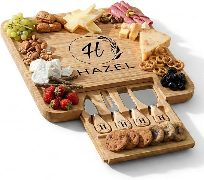 Personalized Charcuterie Board Set, Custom Engraved Bamboo Cheese Board, Christmas, Wedding and Housewarming Gift for Couples, Anniversary and Bridal Shower (1 DRAWER)