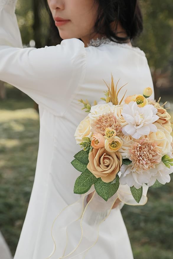 YYHUAWU White Artificial Flowers Combo Box Set Gradient Color 25pcs Fake Flowers with Stems for DIY Wedding Bridesmaid Bridal Bouquets Centerpieces Party Home Decoration (Champagne & White)
