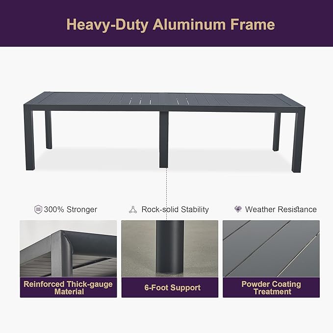 PURPLE LEAF 11 Pieces Outdoor Patio Dining Set with 10 Soft Cotton-Padded Folding Portable Chairs and 1 Large Rectangle Dining Aluminum Table, Ldeal for Pergola Pavilion Poolside, Grey
