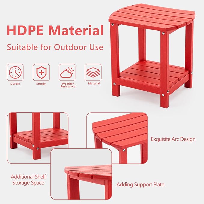 Folding Adirondack Chair Set with Side Table - HDPE Outdoor Patio Chairs, Weatherproof Chair with Reclining Back, Cup & Phone Holder, and 2-Tier Storage End Table for Firepit or Garden (Red)