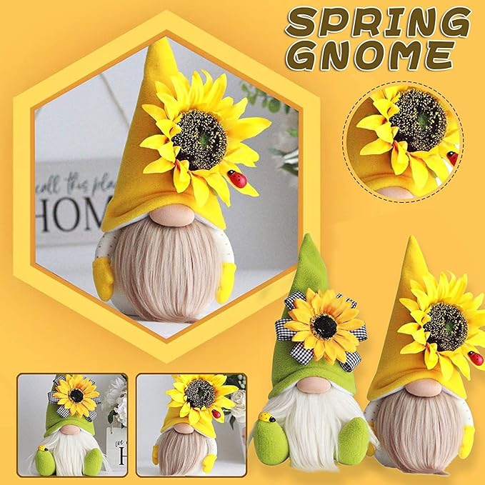 Gnome Plush Decorations for Home, Spring Summer Sunflower Gnome Decor, Handmade Faceless Plush Doll, Easter Gnomes Ornaments for Home Office Festival Decor (Yellow)