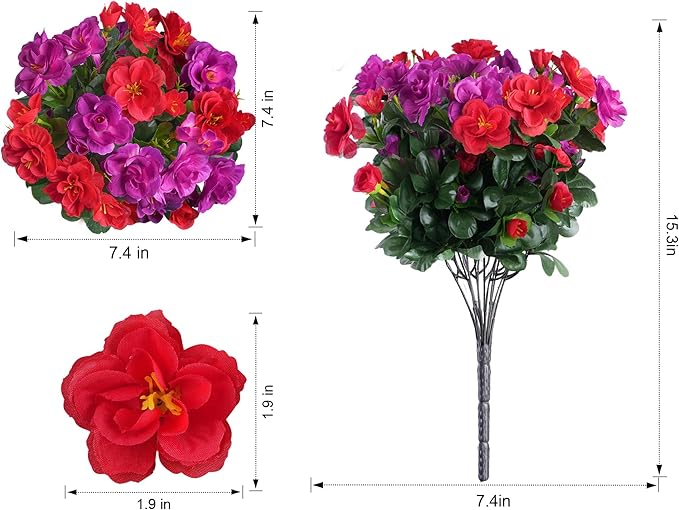 Artificial Fake Outdoor Flowers Plants, Faux Silk Camellia Bundles UV Resistant No Fade Realistic for Planter Pot Outside Porch Patio Balcony Garden Yard Home Decor, 3 Large Bundles (Red +Fuchsia)
