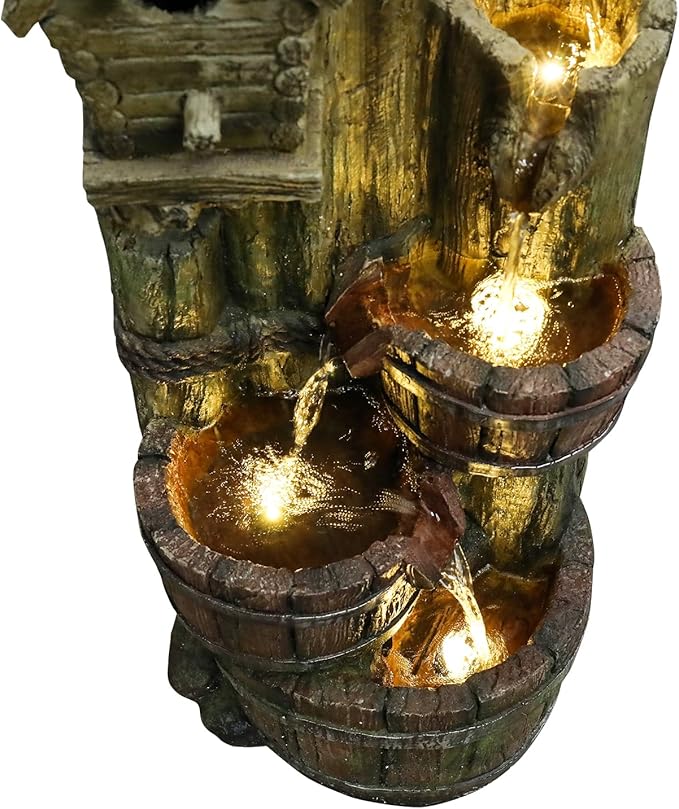 Outdoor Water Fountain with Birdhouse, 39.3inches Rustic Outdoor Water Fountains - Outdoor Cascading Waterfall with Decorative Birds & Buckets, Pump & Lights for Backyard Patio Decor