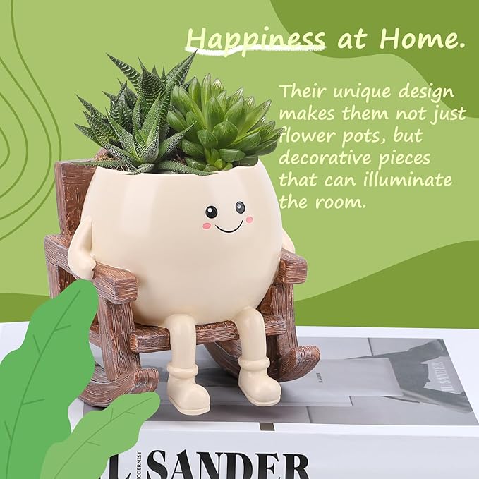 KIUGCO Smily Face Planter Pot, Cute Resin Flower Head Planters for Indoor Outdoor, Unique Sitting Rocking Chairs Succulent Pots, Cute Plant Gifts for Plant Lovers