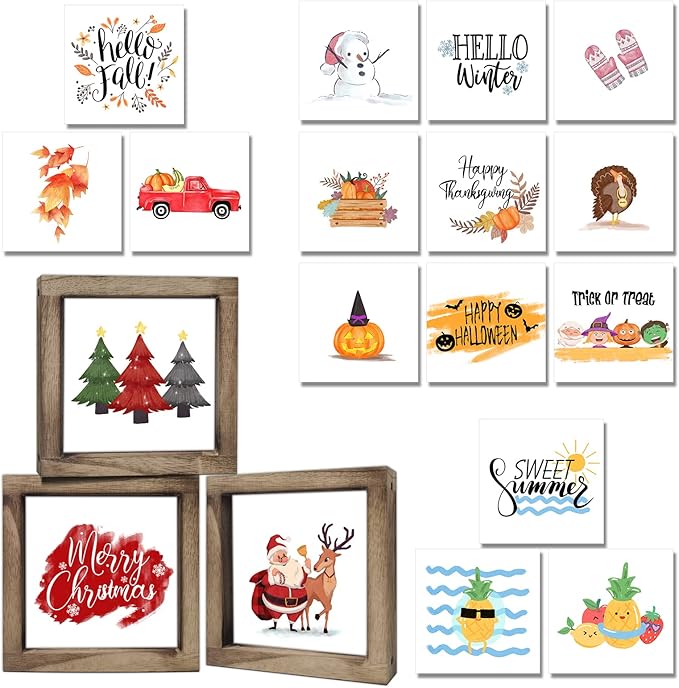 Spring Decor Farmhouse Summer Home Decor Signs 36 Interchangeable Sayings with 3 Wooden Frames for Office and Living Room Tiered Tray Decor Table Desk Wall Decor Seasonal Decoration Holiday Gift