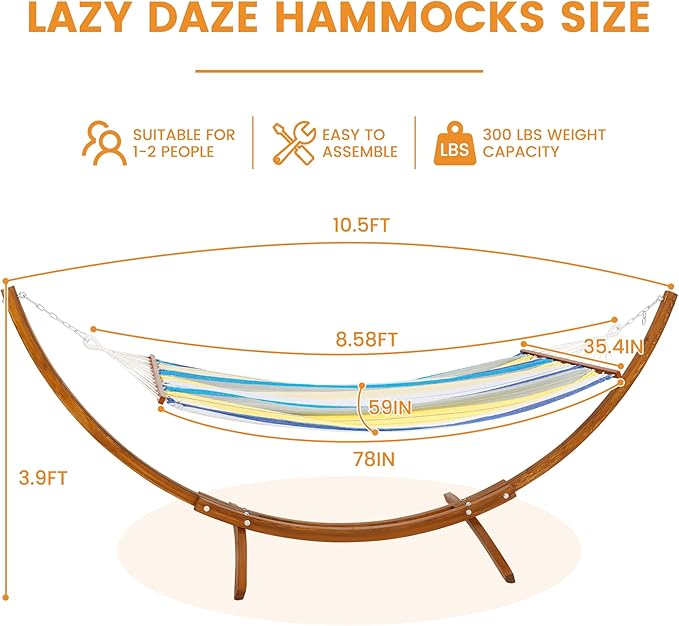 Lazy Daze Hammocks Cotton Fabric Spreader Bar Hammock and 10.5 Ft Wood Arc Hammock Stand Combo, for Outdoor, Indoor, Patio, Backyard, Blue and Yellow
